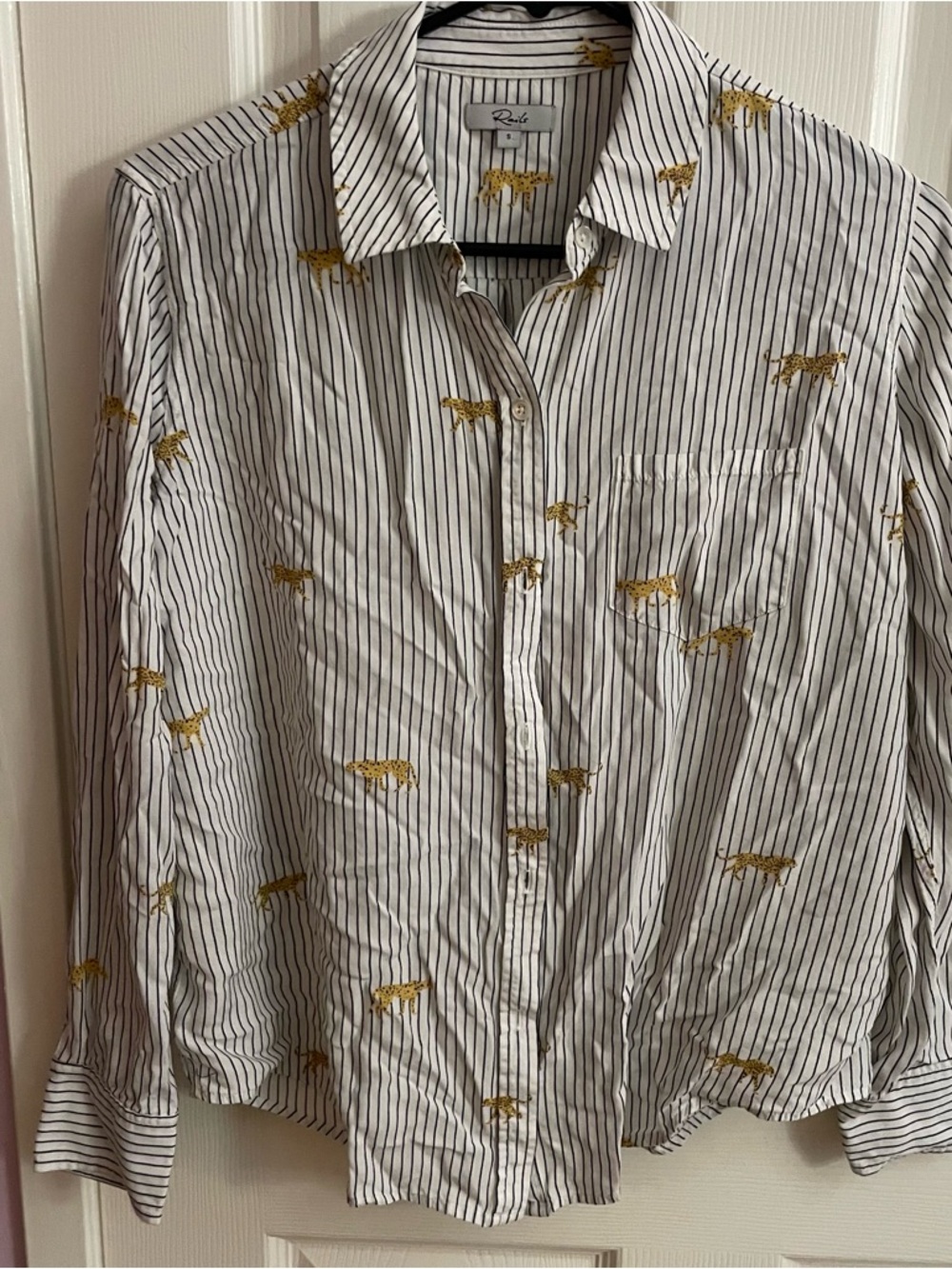 Rails Women‘s White Pinstripe Button-Down Shirt with Gold Tiger Motif